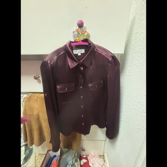 👠👚❤️Emanuel Ungaro Silk Button Down Burgundy Size 12 Women’s Blouse - Picture 6 of 9
